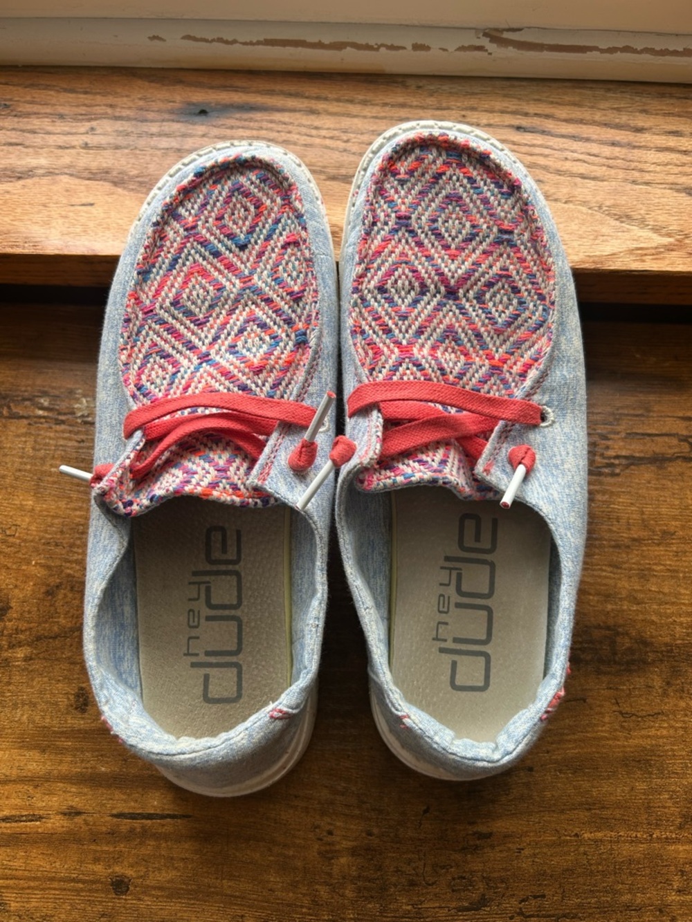 Hey Dude Women's Multi-Pattern Gray Canvas Slip-On Shoes with Red Accents